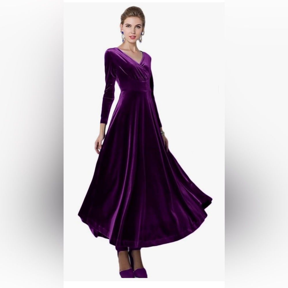 Purple V-Neck Long Sleeve Gown for Weddings